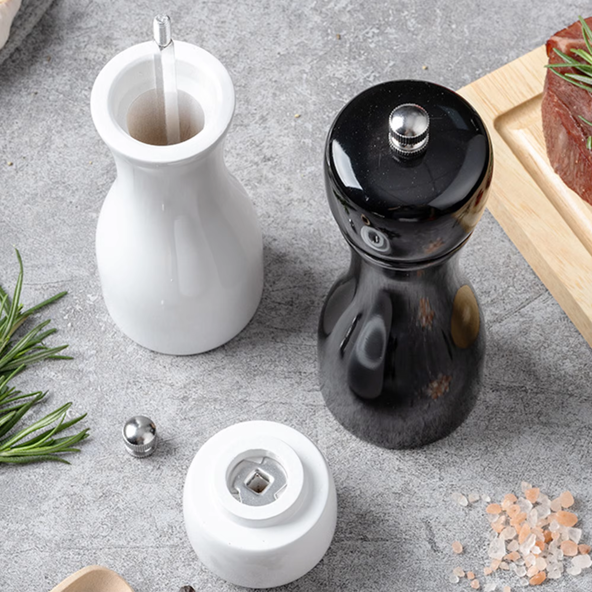 Kitchen Black & White Manual Adjustable Oak Wood Refillable Spice Mills Shakers Salt and Pepper Mill Set with Ceramic Mechanism thumbnail 3