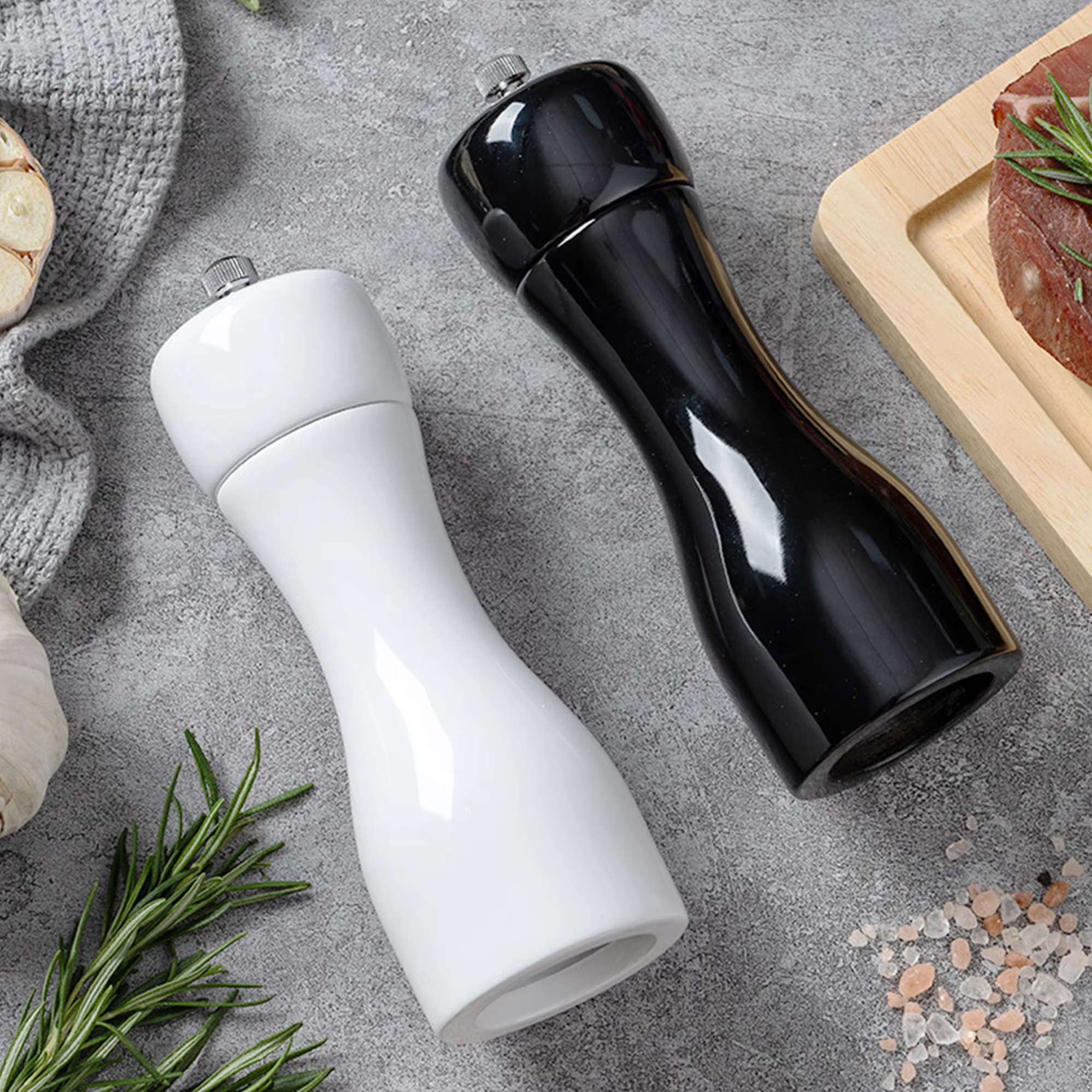 Kitchen Black & White Manual Adjustable Oak Wood Refillable Spice Mills Shakers Salt and Pepper Mill Set with Ceramic Mechanism thumbnail 5