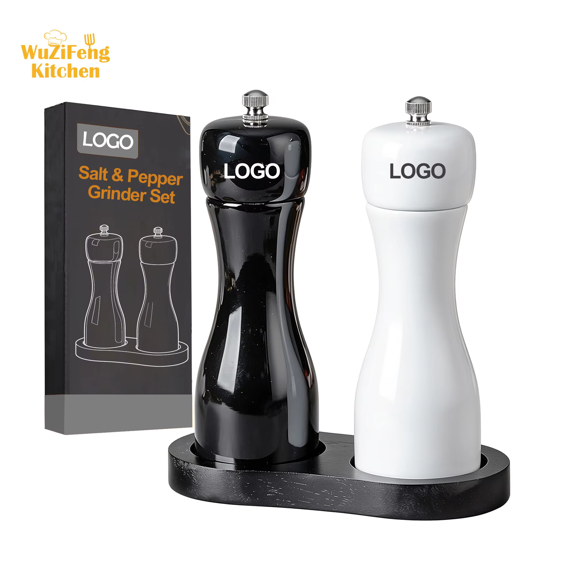 Kitchen Black & White Manual Adjustable Oak Wood Refillable Spice Mills Shakers Salt and Pepper Mill Set with Ceramic Mechanism detail 1