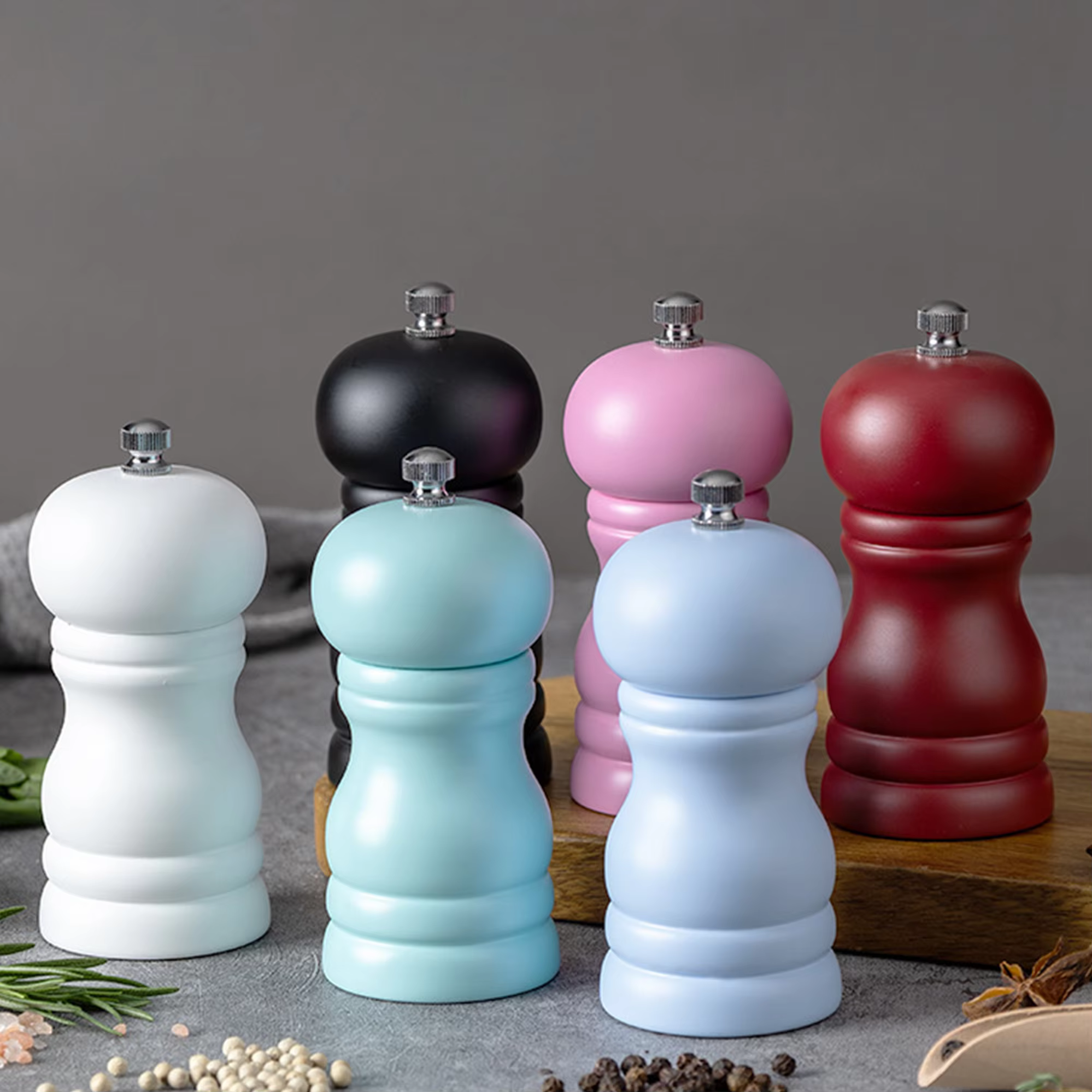 Kitchen 4inch Color PU Baking Paint Manual Classic Adjustable Grinder Ceramic Shakers Refillable Wooden Salt and Pepper Mill Set thumbnail 5