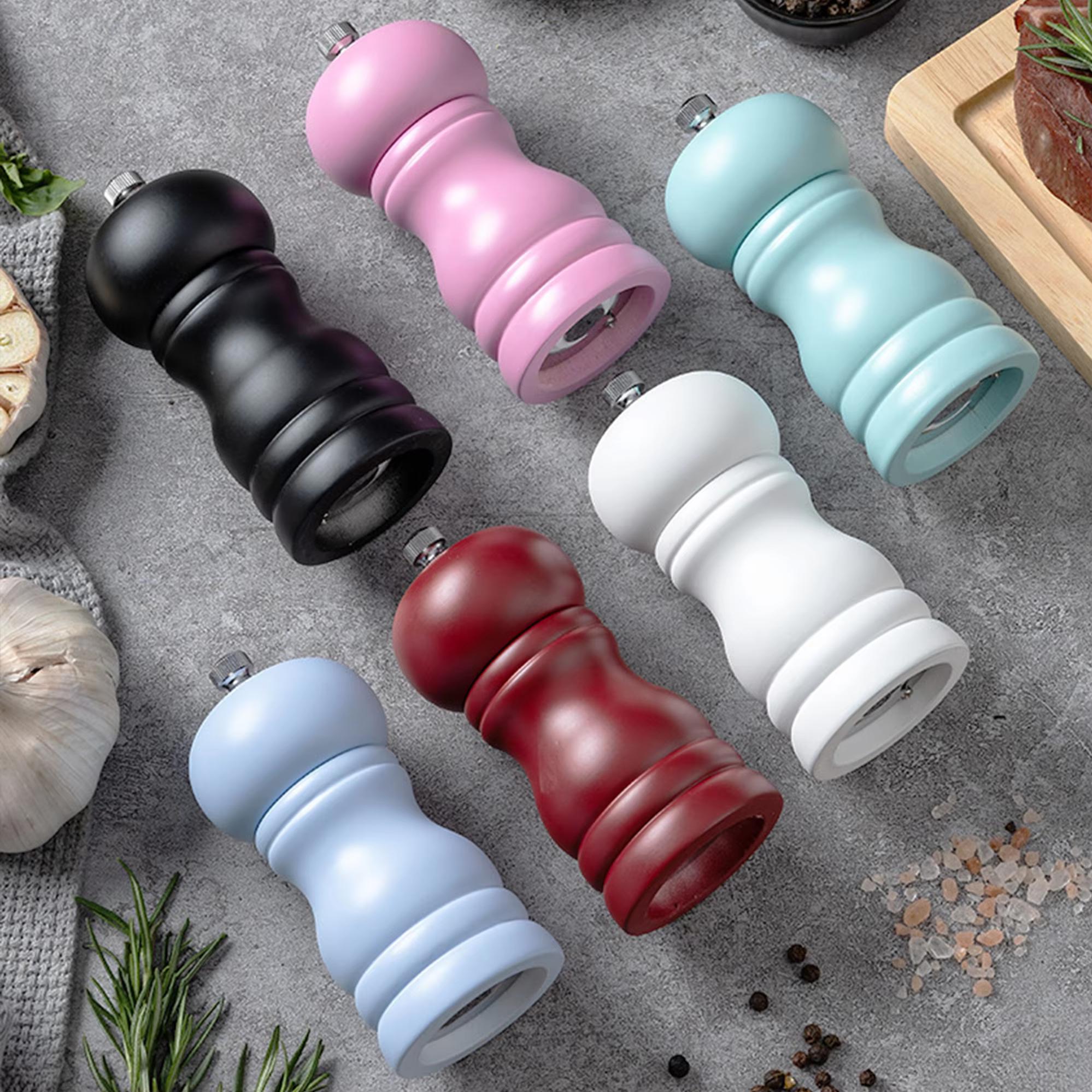Kitchen 4inch Color PU Baking Paint Manual Classic Adjustable Grinder Ceramic Shakers Refillable Wooden Salt and Pepper Mill Set thumbnail 6