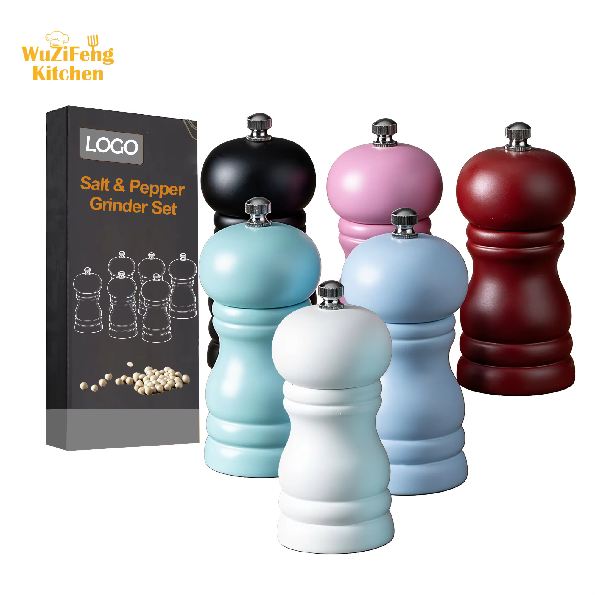 Kitchen 4inch Color PU Baking Paint Manual Classic Adjustable Grinder Ceramic Shakers Refillable Wooden Salt and Pepper Mill Set detail 1