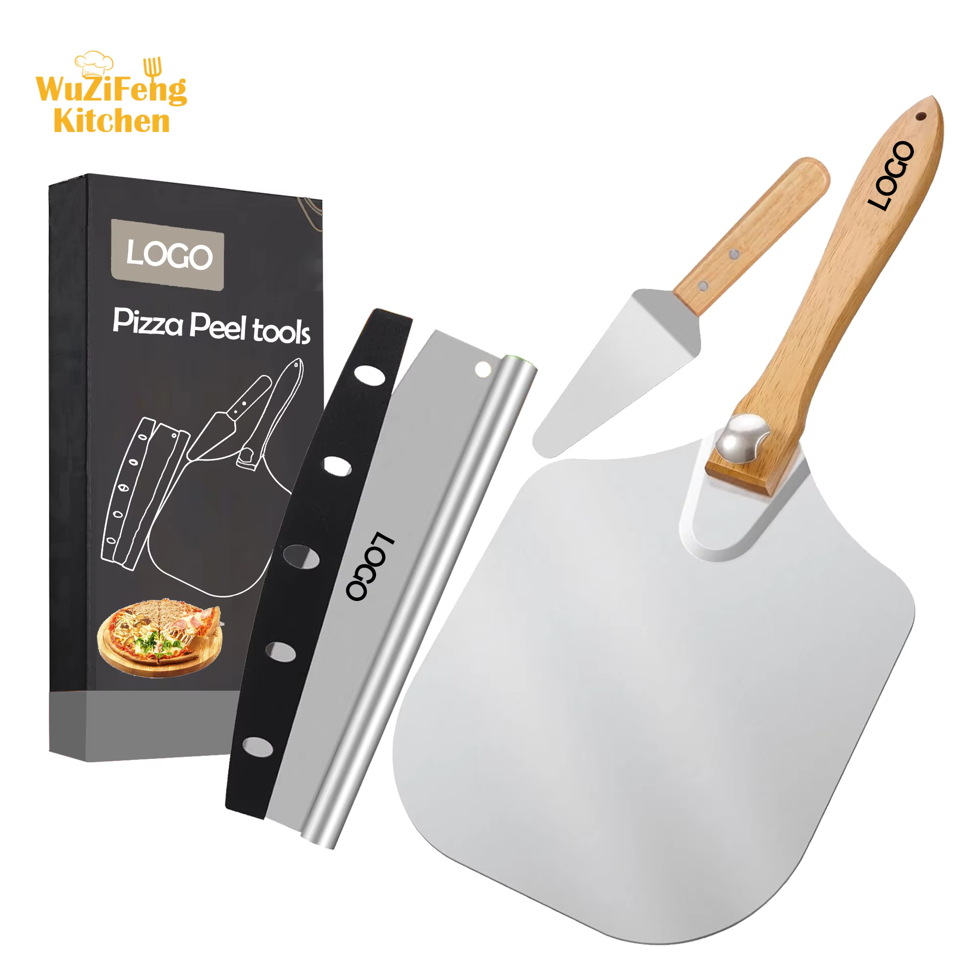 12*14 Inch Metal Pizza Tool Paddle Turning  Aluminum Pizza Rocker Cutter Cake Server Spatula Foldable Wood Handle Pizza Peel Set detail 1