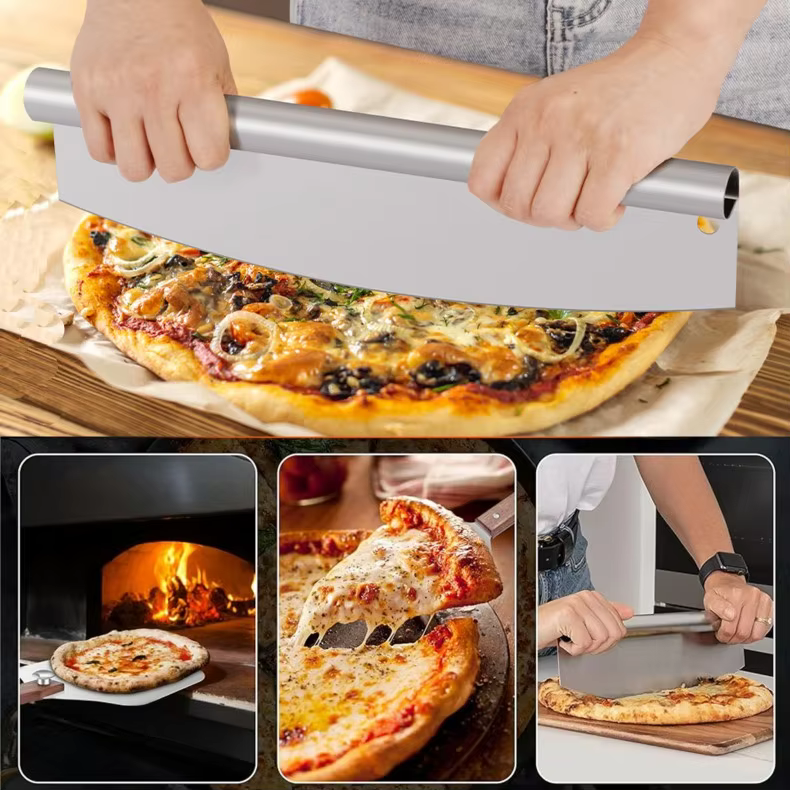 12*14 Inch Metal Pizza Tool Paddle Turning  Aluminum Pizza Rocker Cutter Cake Server Spatula Foldable Wood Handle Pizza Peel Set detail 5