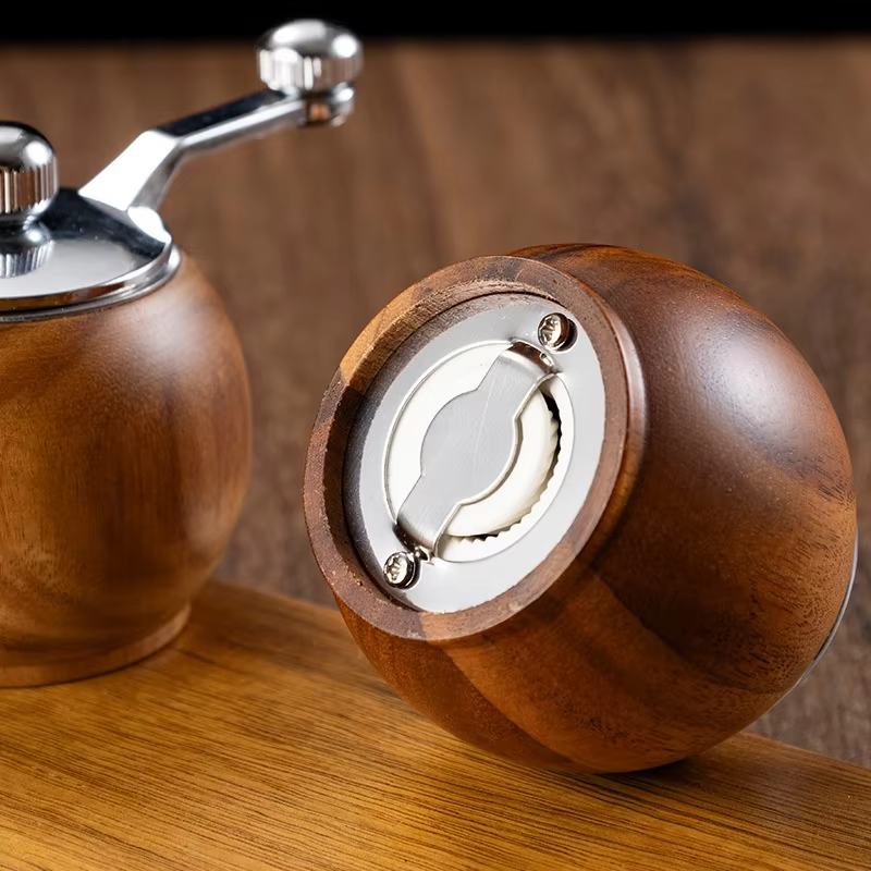 Kitchen Tool Hand Crank Ball Shape Refillable Spice Mill Multi-purpose Acacia Wood Manual Ceramic Core Pepper and Salt Grinder thumbnail 3