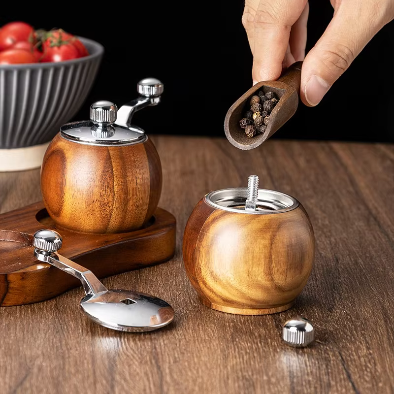 Kitchen Tool Hand Crank Ball Shape Refillable Spice Mill Multi-purpose Acacia Wood Manual Ceramic Core Pepper and Salt Grinder thumbnail 4