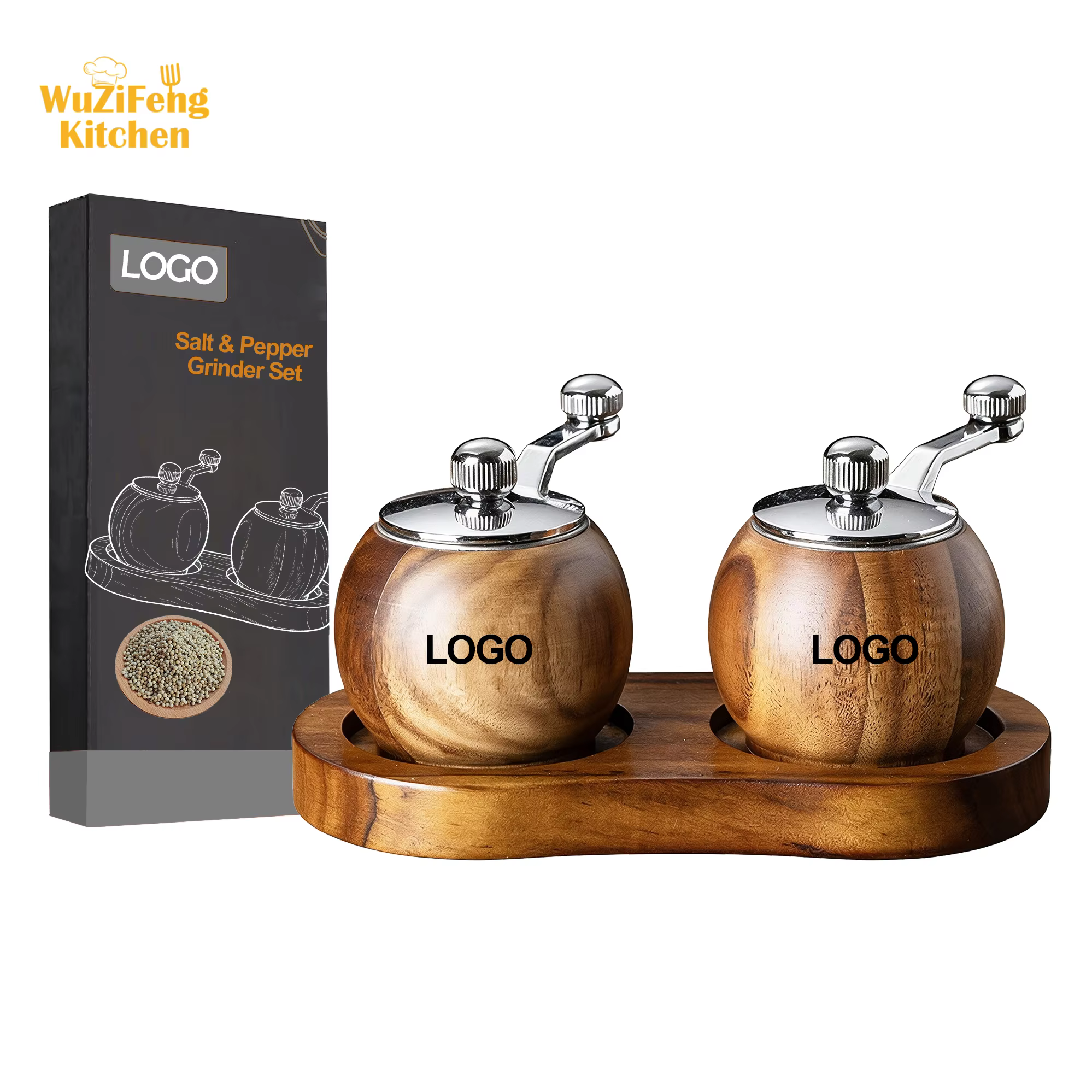 Kitchen Tool Hand Crank Ball Shape Refillable Spice Mill Multi-purpose Acacia Wood Manual Ceramic Core Pepper and Salt Grinder detail 3