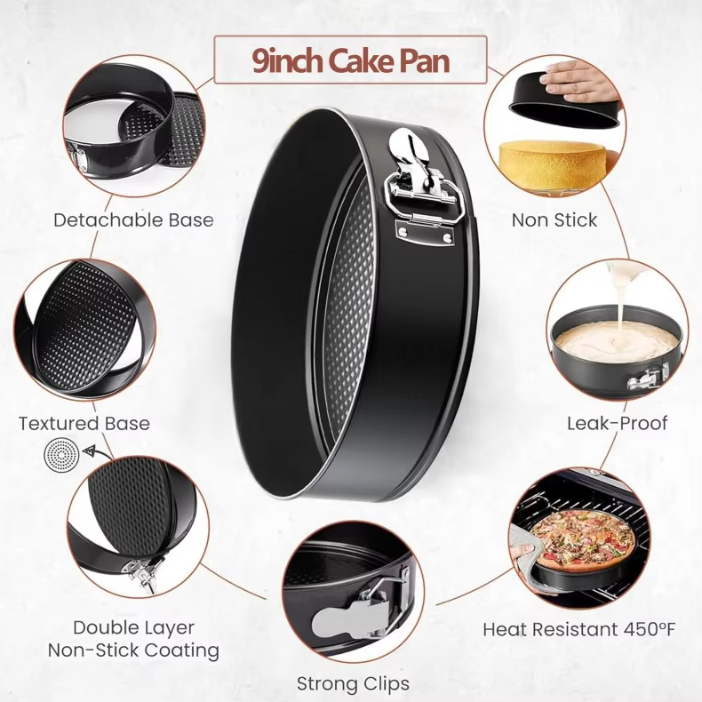 Leakproof Bakeware Black Springform Baking Cheesecake Pan Removable Bottom Quick Release Latch Mould Non-Stick 9" Round Cake Pan thumbnail 5