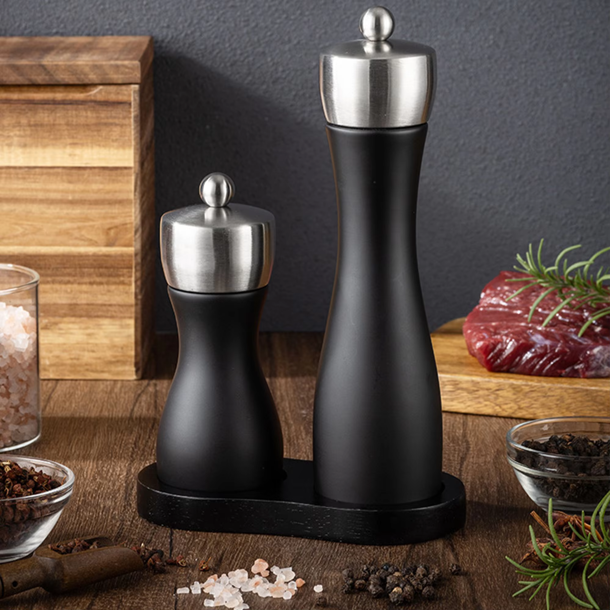 Durable Professional Manual Refillable Spice Mill Wooden Black Salt and Pepper Grinder Set with Adjustable Coarseness Ceramic thumbnail 6
