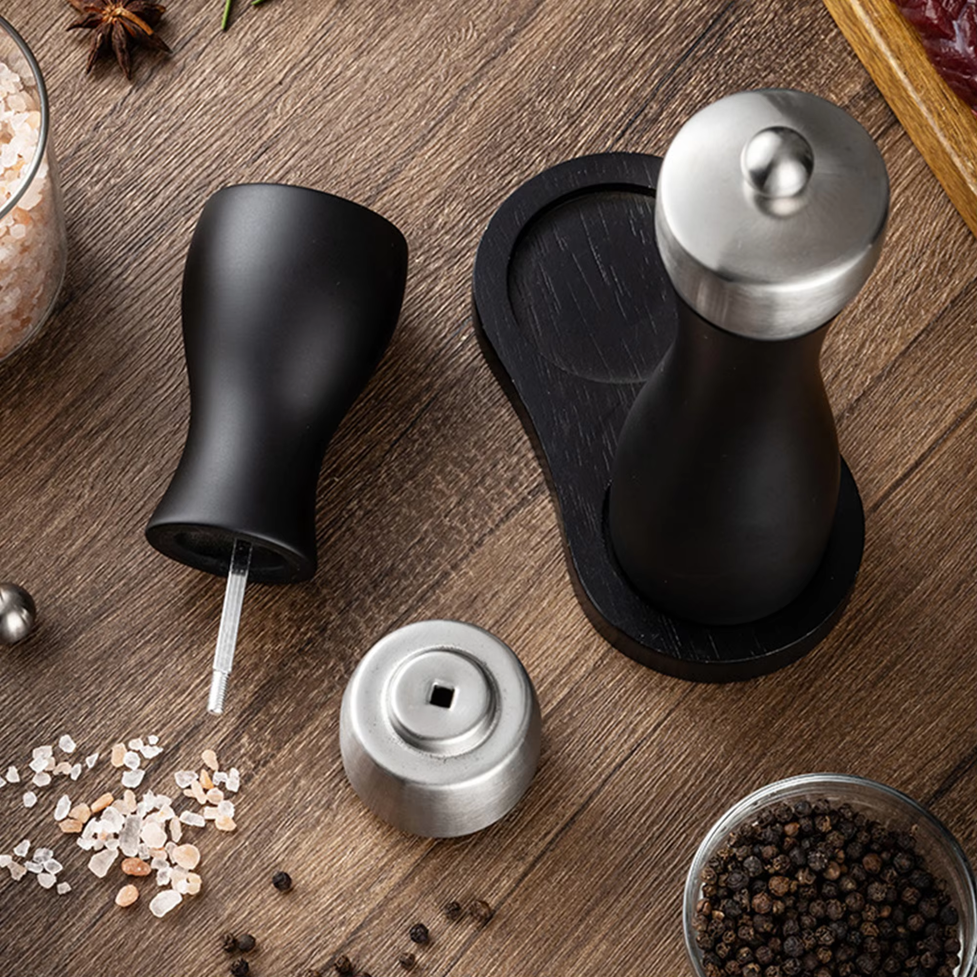 Durable Professional Manual Refillable Spice Mill Wooden Black Salt and Pepper Grinder Set with Adjustable Coarseness Ceramic detail 12