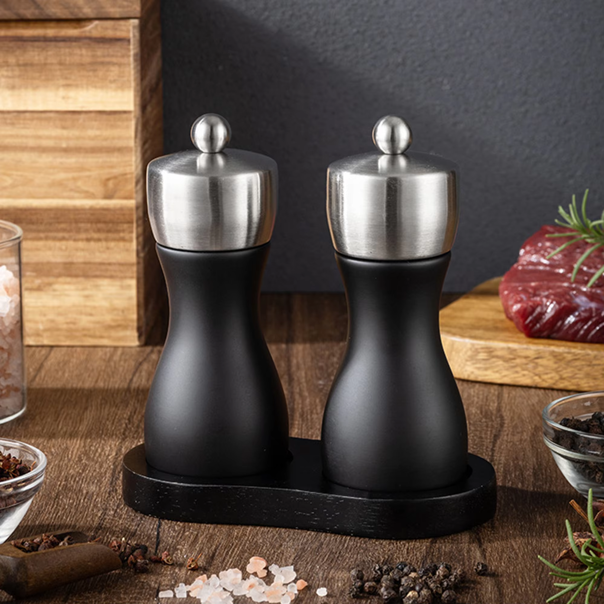 Durable Professional Manual Refillable Spice Mill Wooden Black Salt and Pepper Grinder Set with Adjustable Coarseness Ceramic detail 2