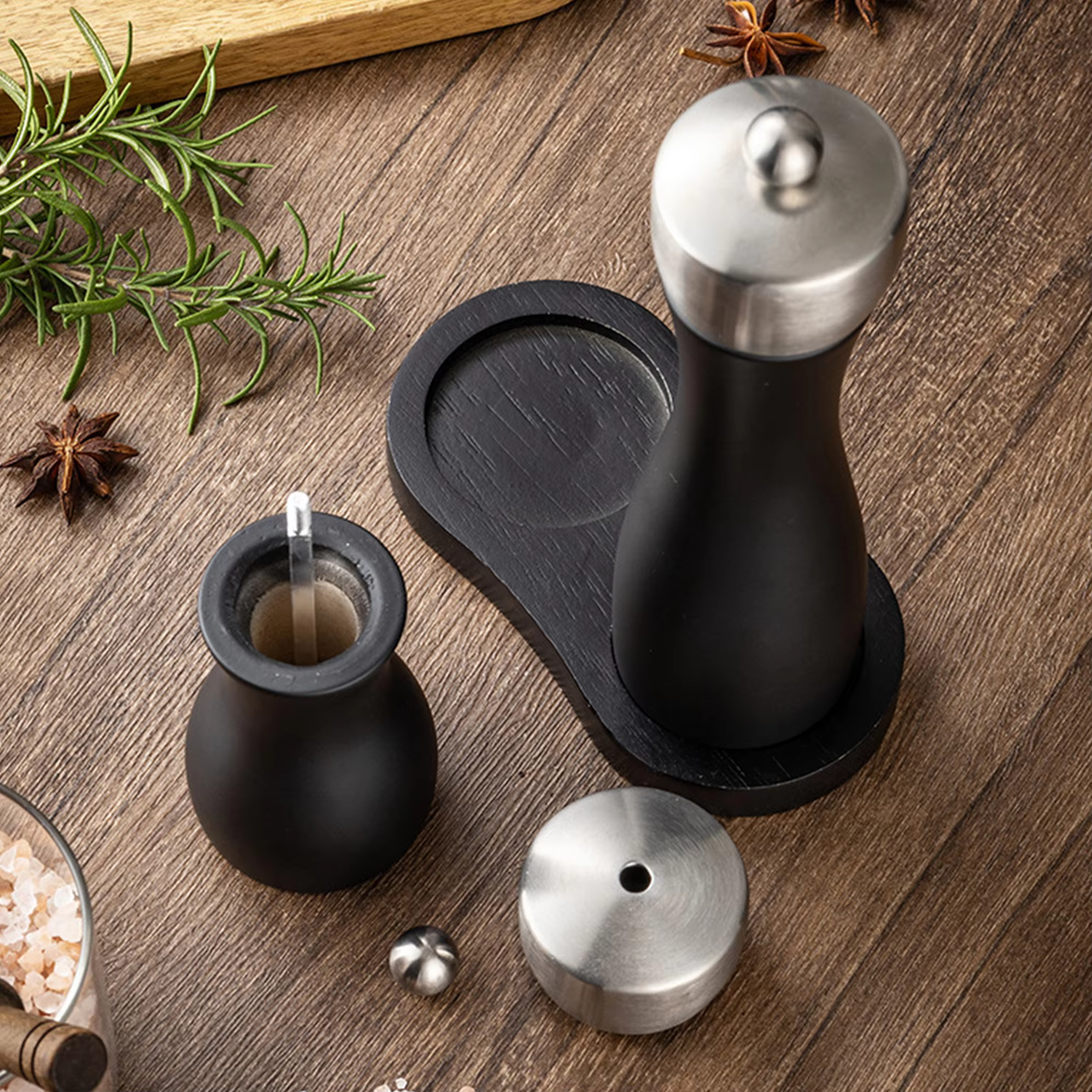 Durable Professional Manual Refillable Spice Mill Wooden Black Salt and Pepper Grinder Set with Adjustable Coarseness Ceramic detail 3