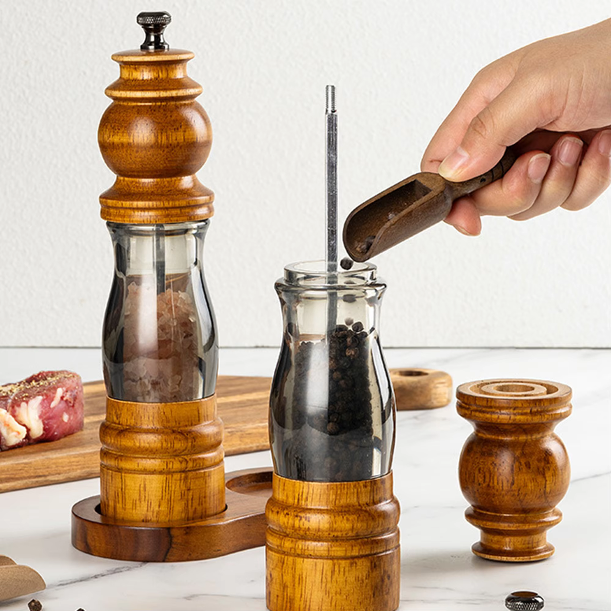 2Pack Refillable Adjustable Coarseness Manual Wooden Shakers Acrylic Salt and Pepper Mills Set with Ceramic Grinder & Wood Stand detail 1