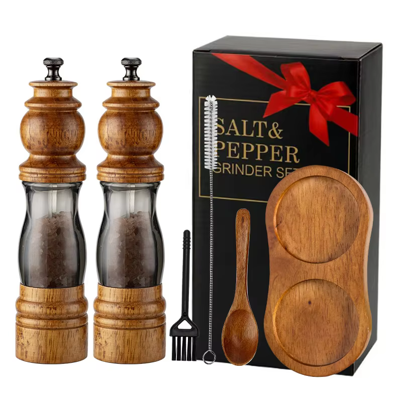 2Pack Refillable Adjustable Coarseness Manual Wooden Shakers Acrylic Salt and Pepper Mills Set with Ceramic Grinder & Wood Stand detail 11