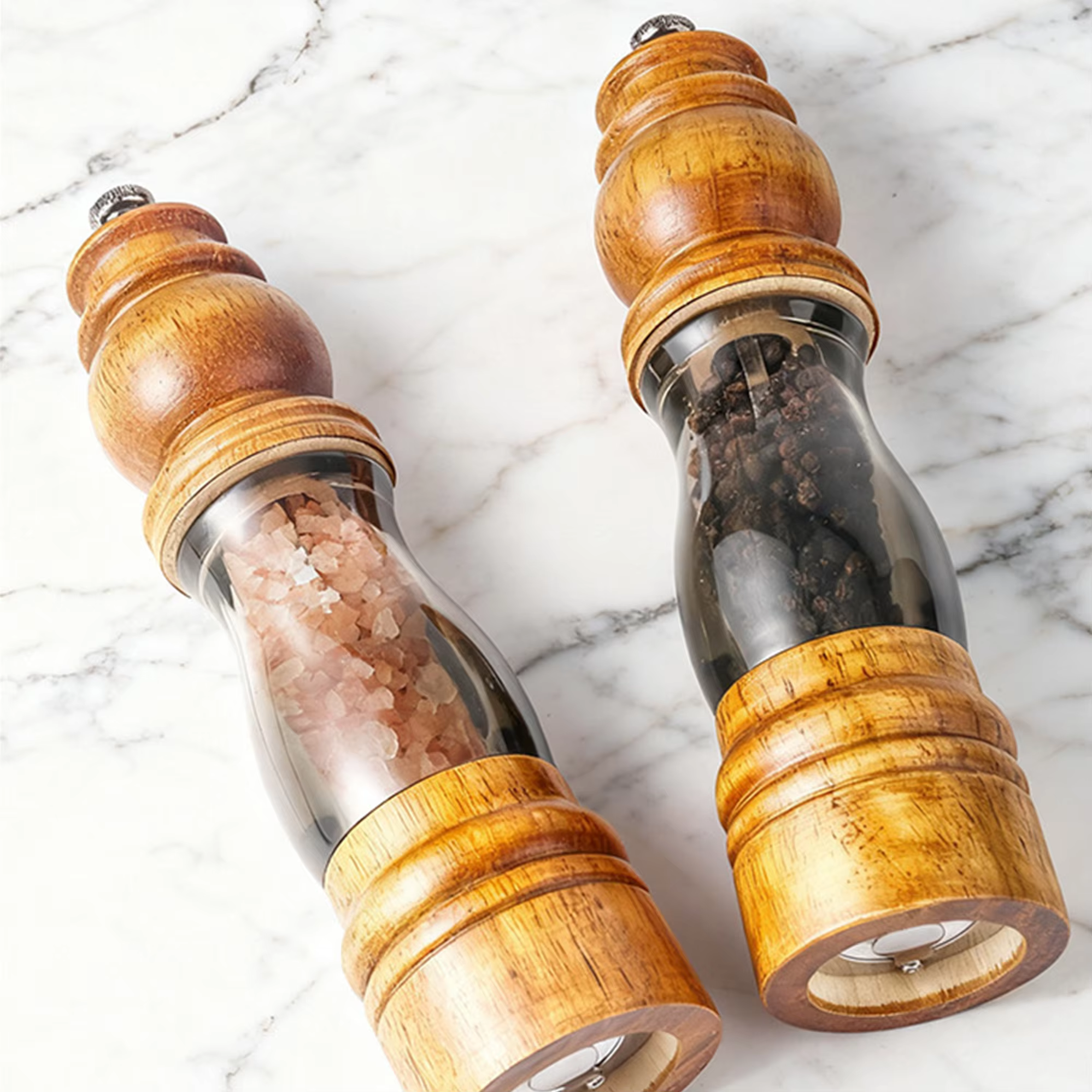 2Pack Refillable Adjustable Coarseness Manual Wooden Shakers Acrylic Salt and Pepper Mills Set with Ceramic Grinder & Wood Stand detail 2