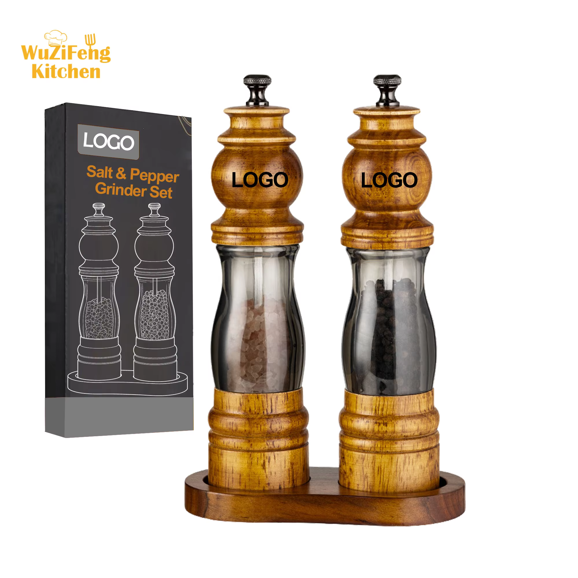 2Pack Refillable Adjustable Coarseness Manual Wooden Shakers Acrylic Salt and Pepper Mills Set with Ceramic Grinder & Wood Stand detail 3
