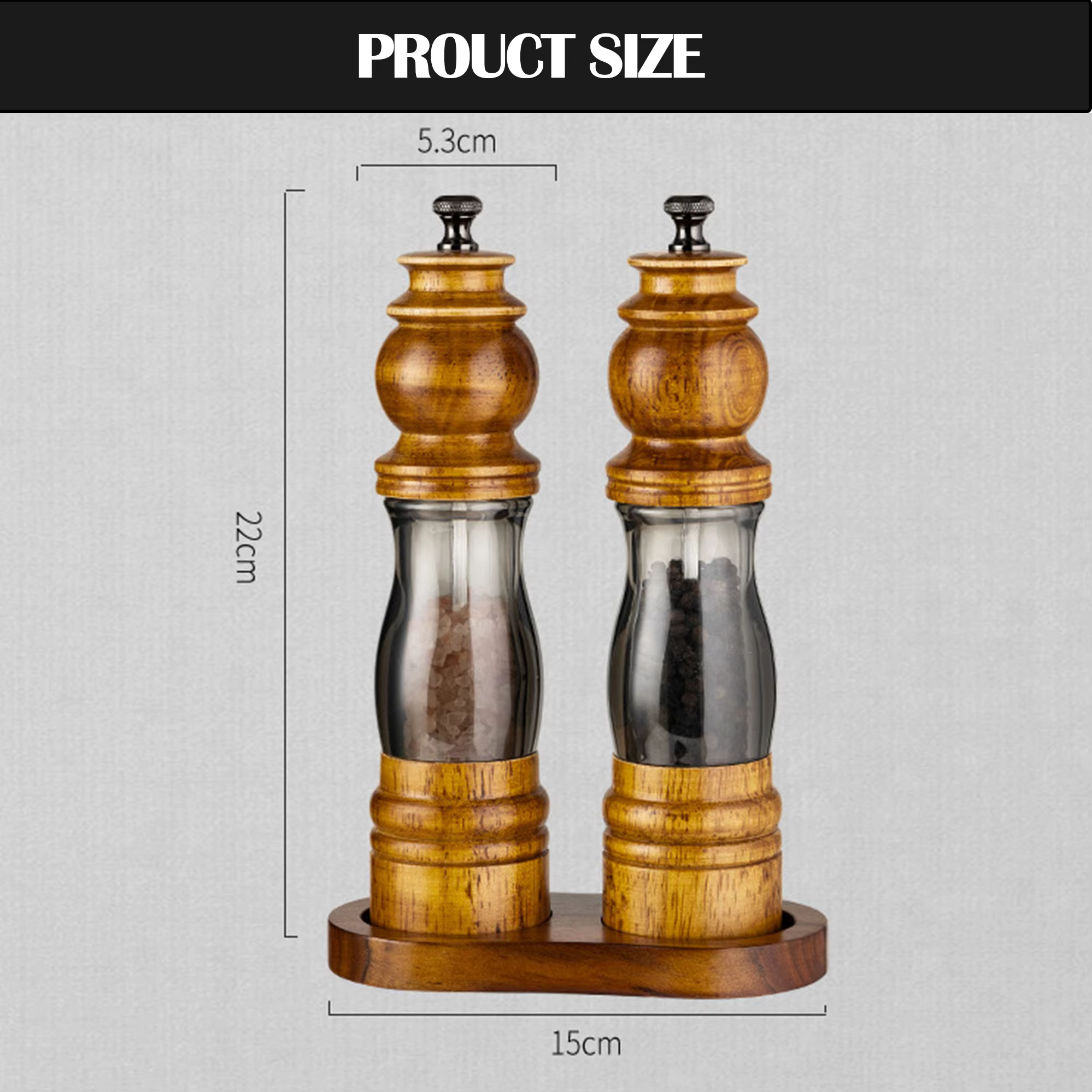 2Pack Refillable Adjustable Coarseness Manual Wooden Shakers Acrylic Salt and Pepper Mills Set with Ceramic Grinder & Wood Stand detail 4