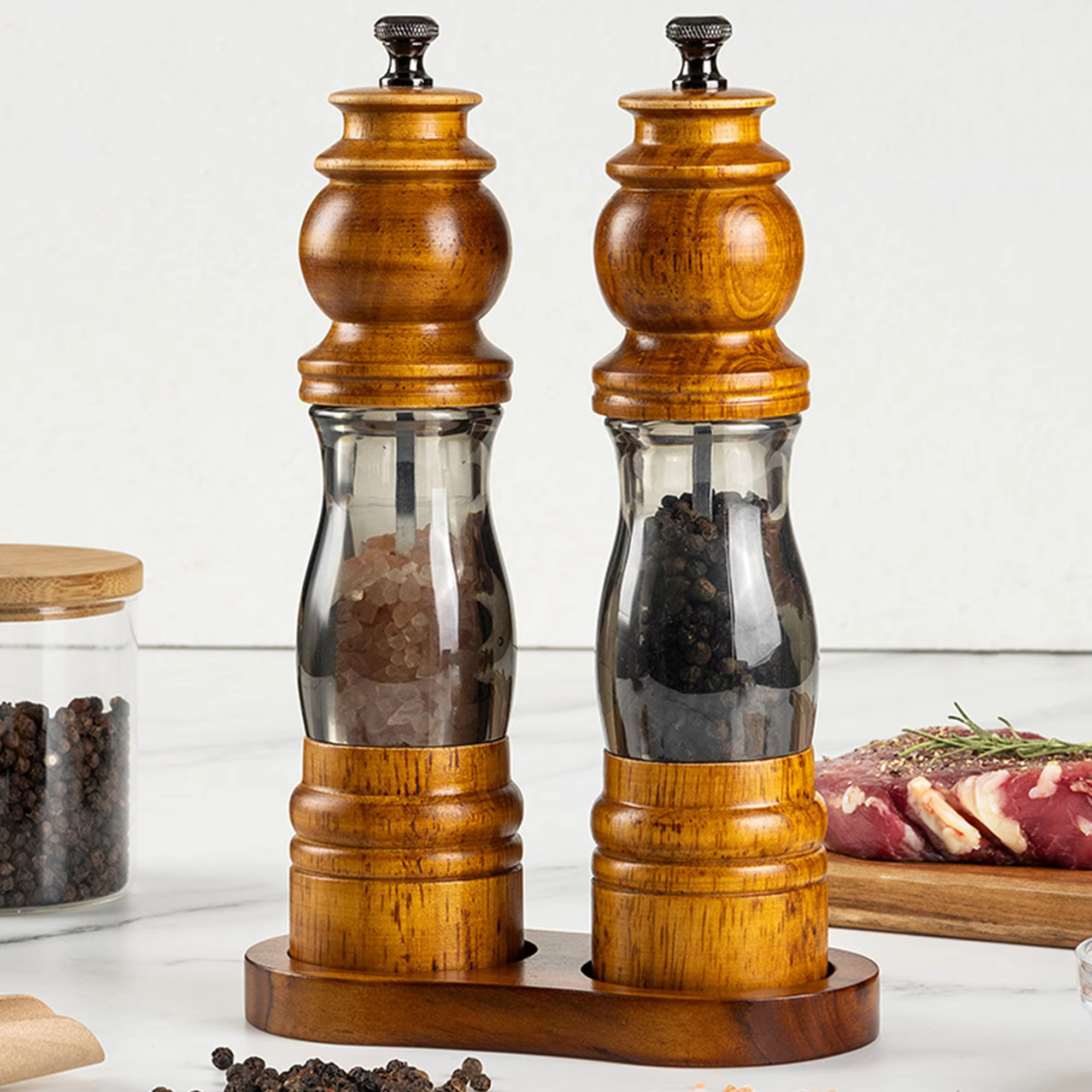 2Pack Refillable Adjustable Coarseness Manual Wooden Shakers Acrylic Salt and Pepper Mills Set with Ceramic Grinder & Wood Stand detail 6