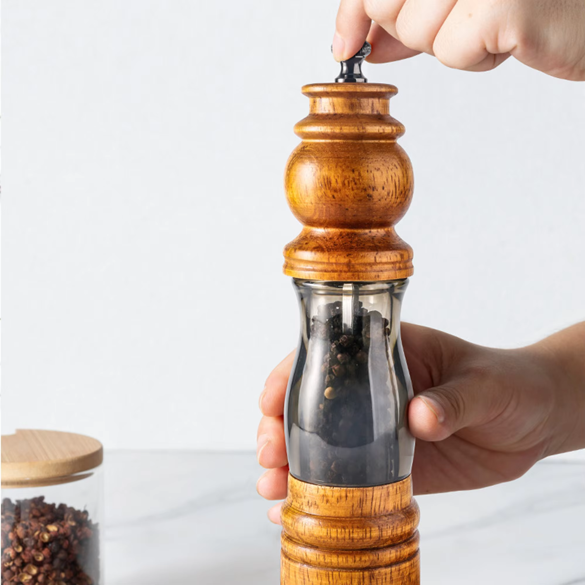 2Pack Refillable Adjustable Coarseness Manual Wooden Shakers Acrylic Salt and Pepper Mills Set with Ceramic Grinder & Wood Stand detail 7