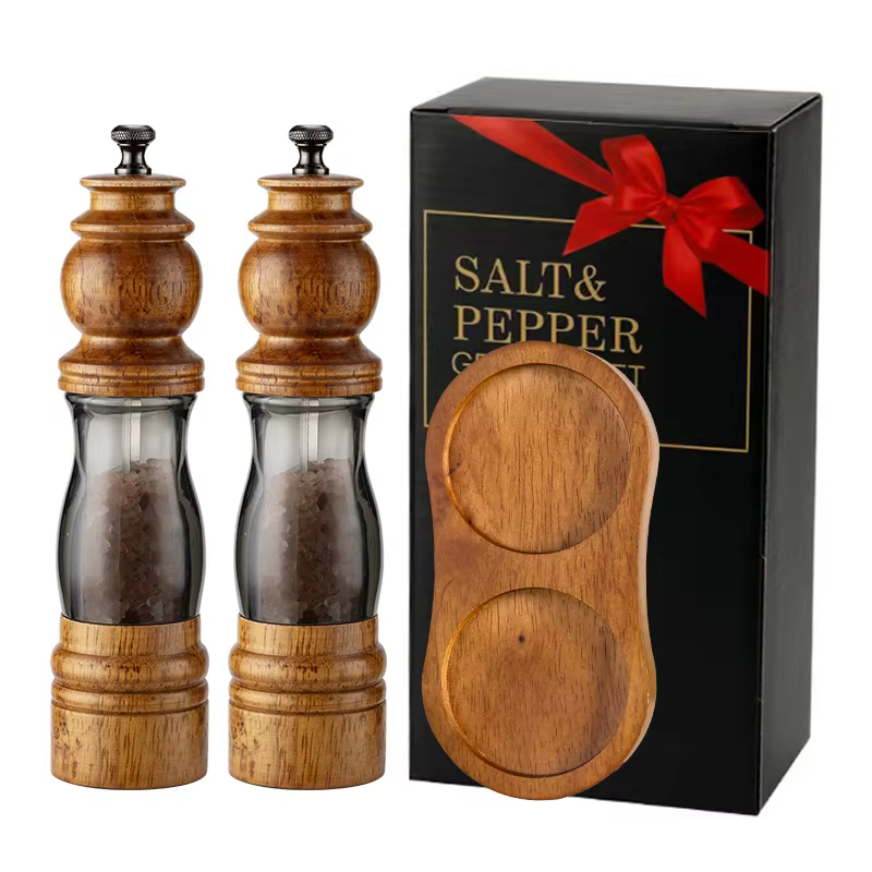 2Pack Refillable Adjustable Coarseness Manual Wooden Shakers Acrylic Salt and Pepper Mills Set with Ceramic Grinder & Wood Stand detail 8