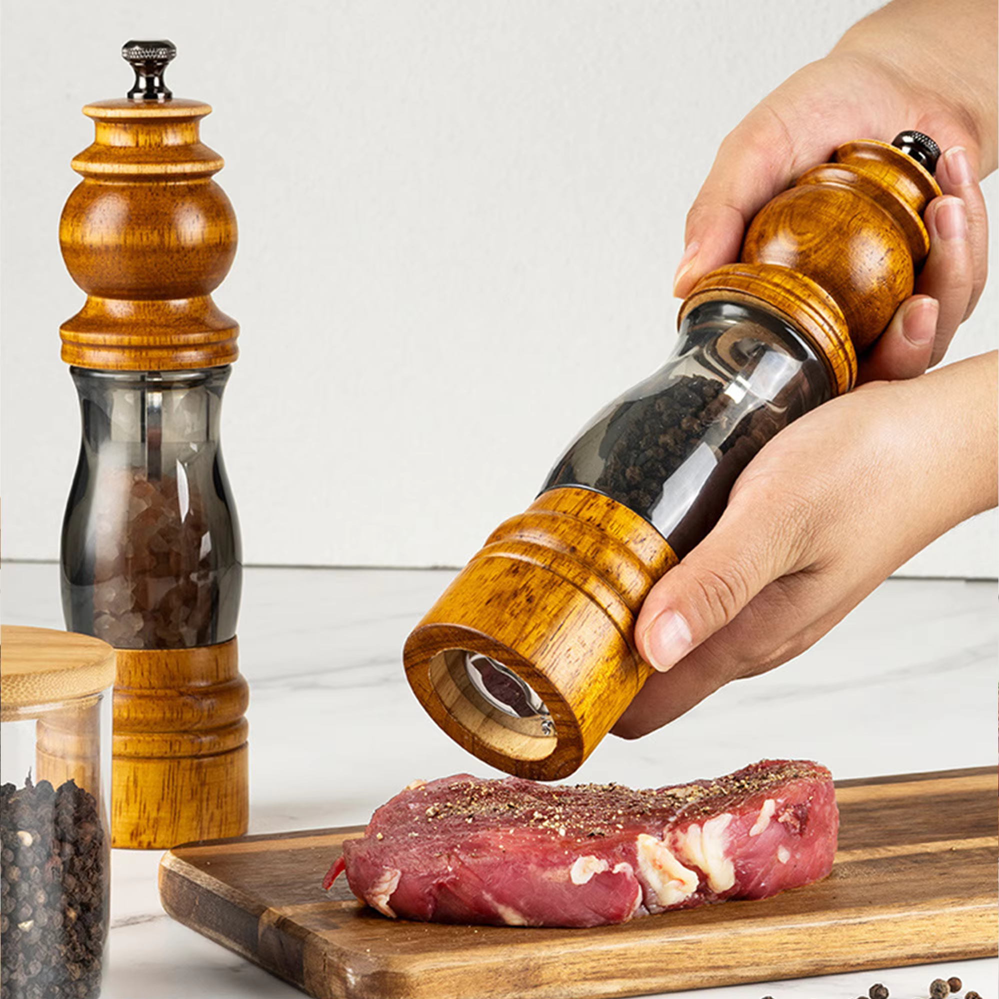 2Pack Refillable Adjustable Coarseness Manual Wooden Shakers Acrylic Salt and Pepper Mills Set with Ceramic Grinder & Wood Stand detail 9