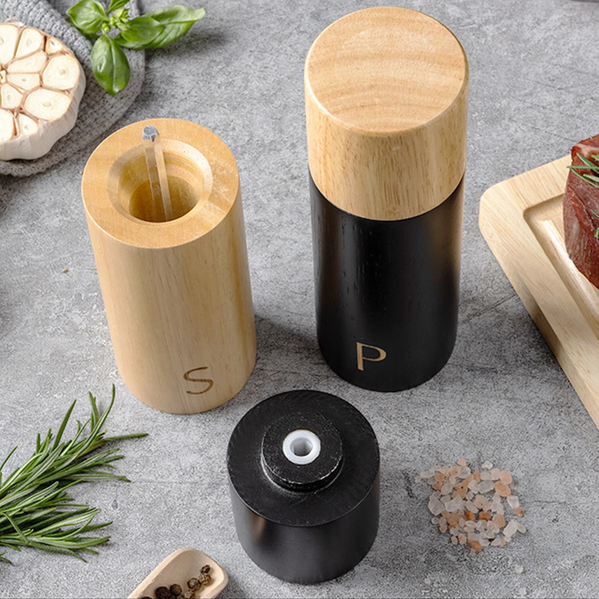 Cooking Gift 7inch Cylindrical Spice Mill Shakers Rubber Wooden Base Adjustable Coarseness Ceramic Core Salt and Pepper Grinder thumbnail 3