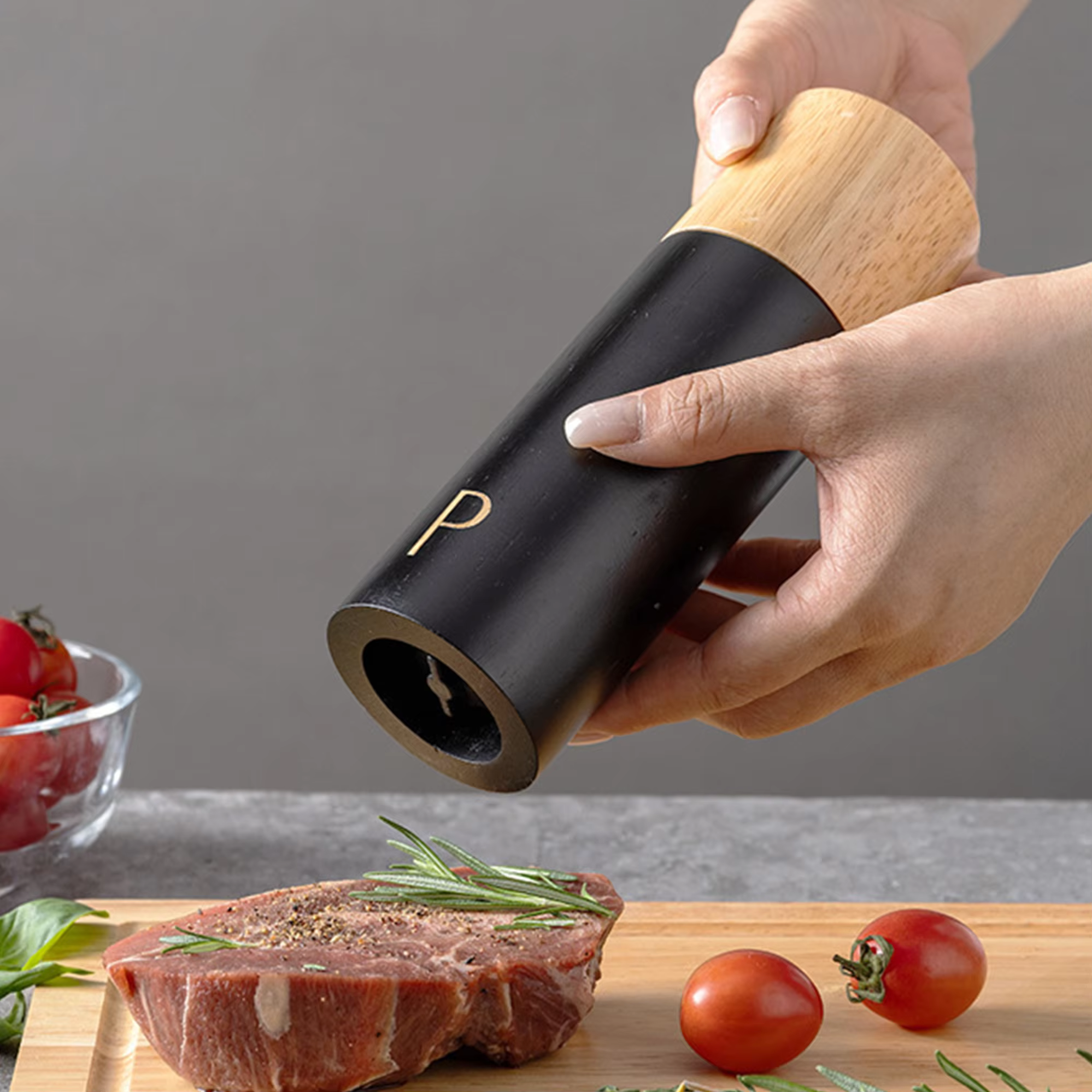 Cooking Gift 7inch Cylindrical Spice Mill Shakers Rubber Wooden Base Adjustable Coarseness Ceramic Core Salt and Pepper Grinder thumbnail 4