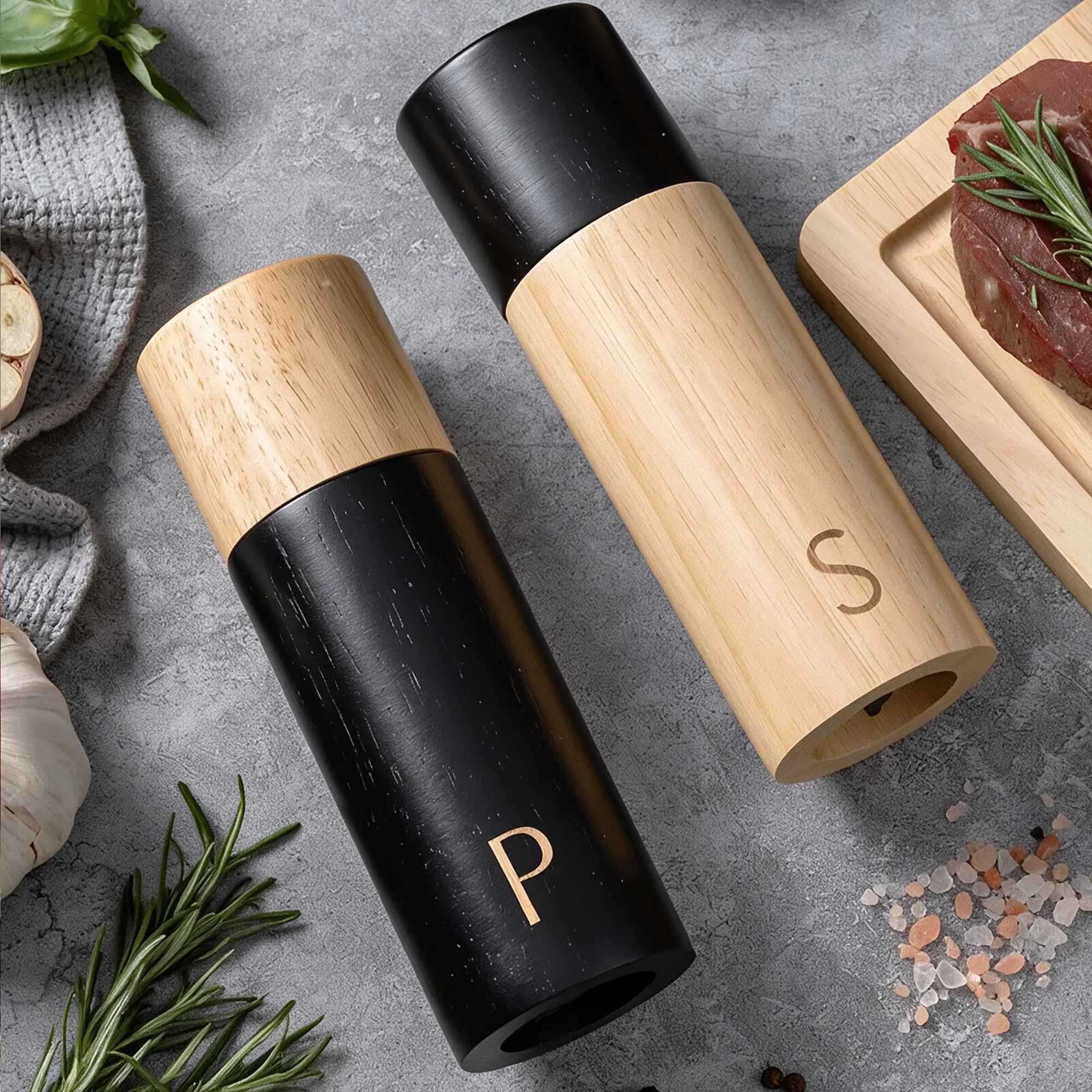 Cooking Gift 7inch Cylindrical Spice Mill Shakers Rubber Wooden Base Adjustable Coarseness Ceramic Core Salt and Pepper Grinder thumbnail 5